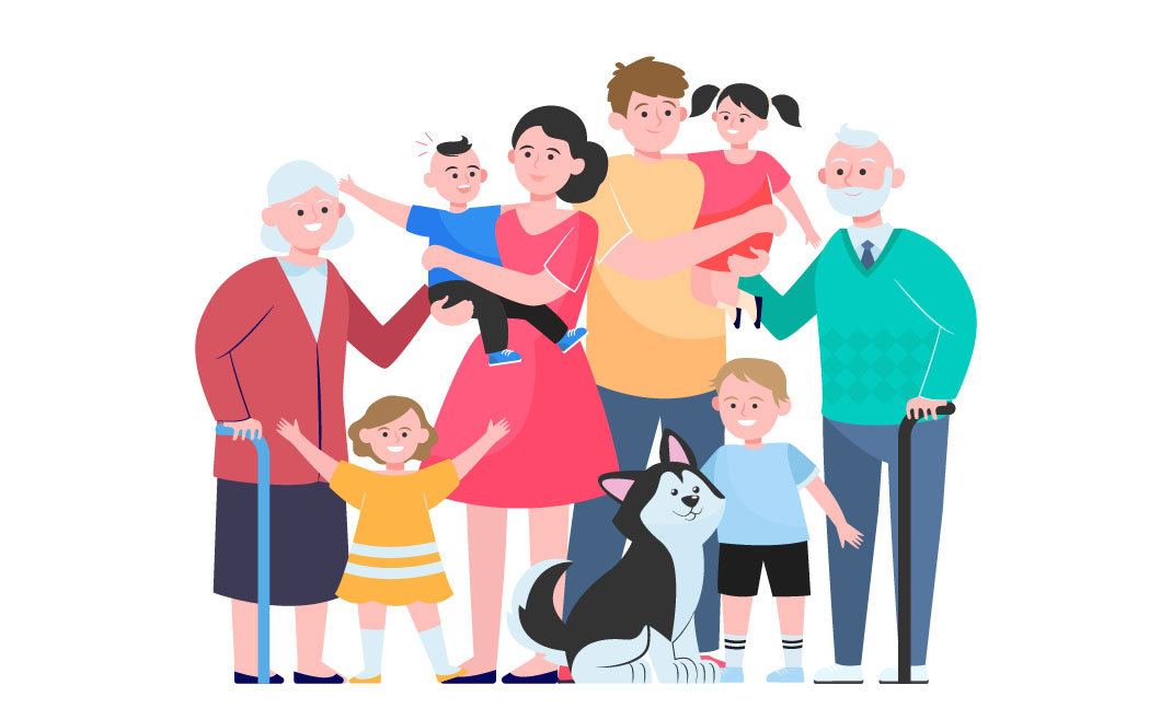 Grupo familiar compuesto por padres y dos niños y una niña, más dos abuelos.